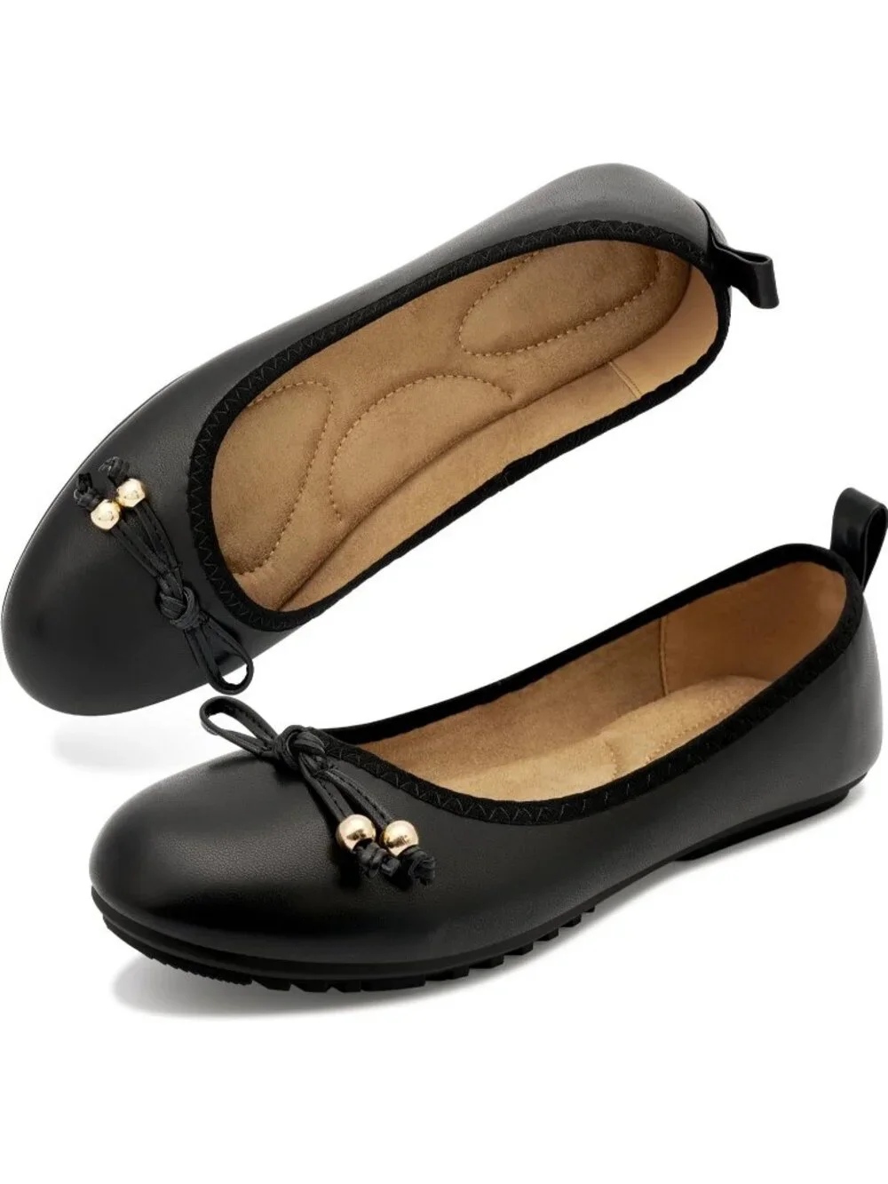 Women's Black PU Leather Round Toe Ballet Flats Slip-On Cushioned Comfort Shoes